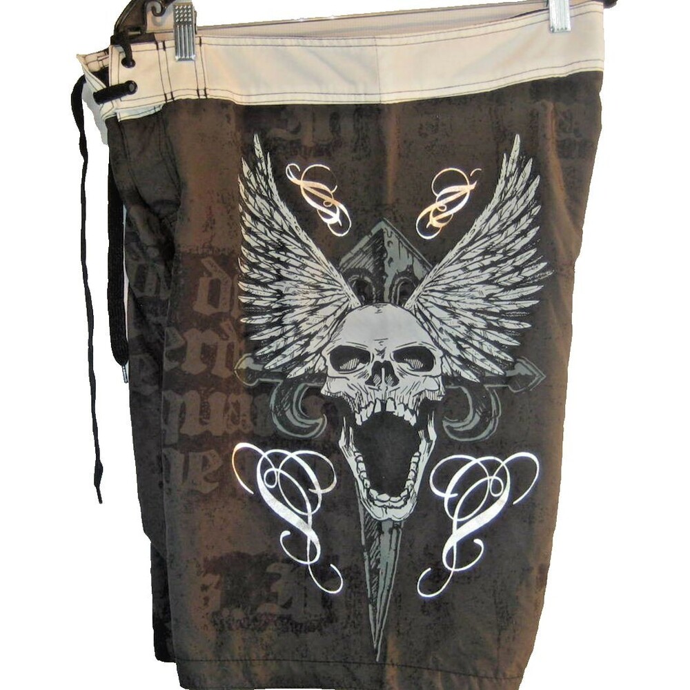 Mens Blue Sol Black/White Poly Swim Board Shorts sz 34x11